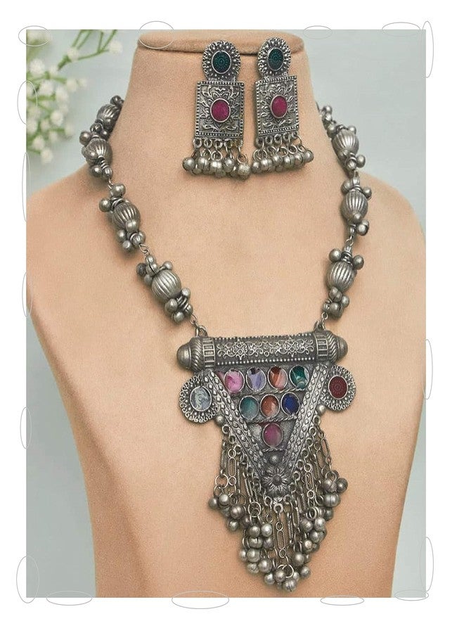 Siddhatva Designer Statement Afghani Antique Oxidised Silver Indian Party Ethnic Tassel Ghungroo Bells Tribal Gypsy Necklace Jewelry Set Women - Image 1